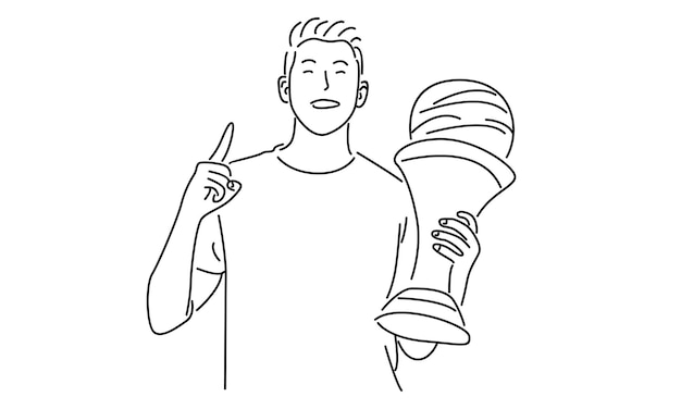 line art of man holding trophy vector illustration