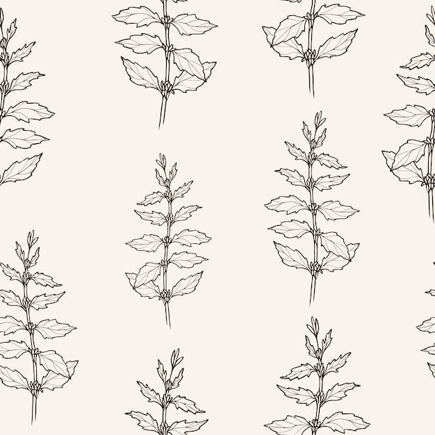 Line art motherwort seamless pattern