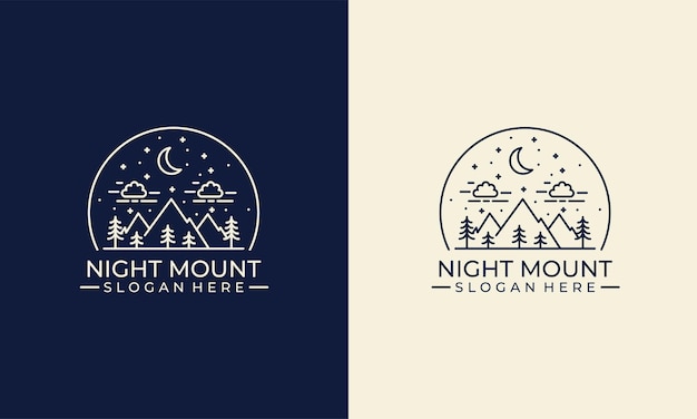 벡터 라인 아트 산 로고 디자인, 나무와 하늘 로고 템플릿이 있는 간단한 모험 그래픽