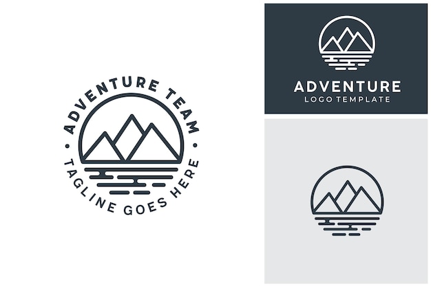 Line Art Mountain River Lake Sea Ocean for Outdoor Adventure Label Stamp Logo Design