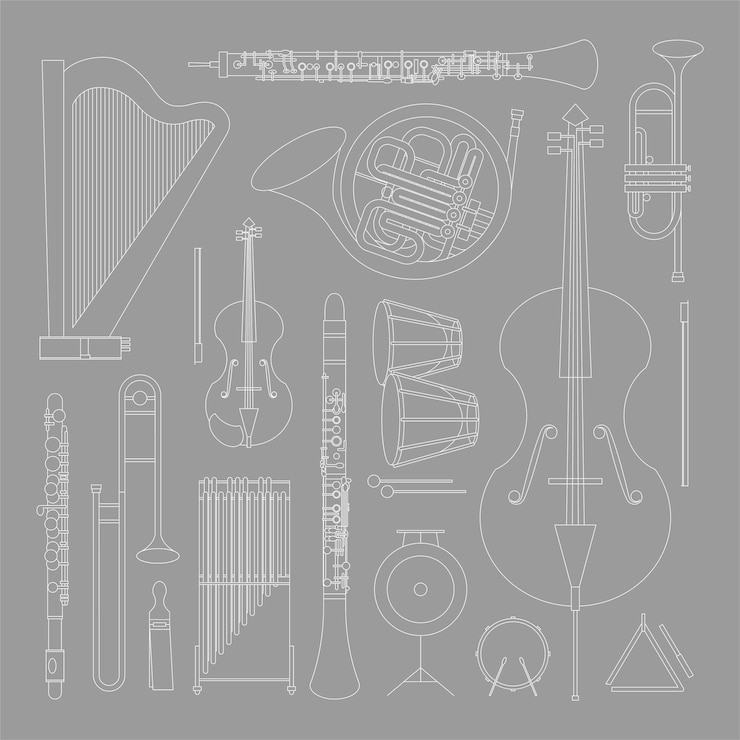 Vector line art music instrument collection
