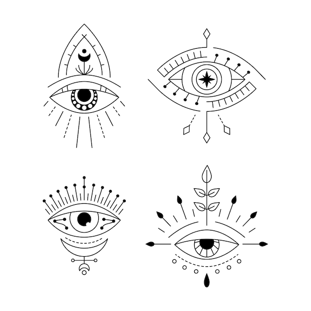 Vector line art mystic eye tattoo providence sight set amulet print geometric evil all seeing eye symbol