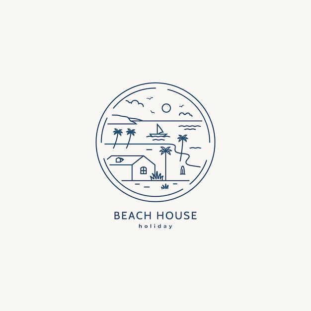 벡터 보트 나무와 태양 로고 터 일러스트레이션으로 해변 집의 라인 아트 해변 원 아이콘