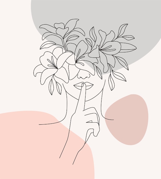 美しい女性の顔とエレガントな花のラインアート