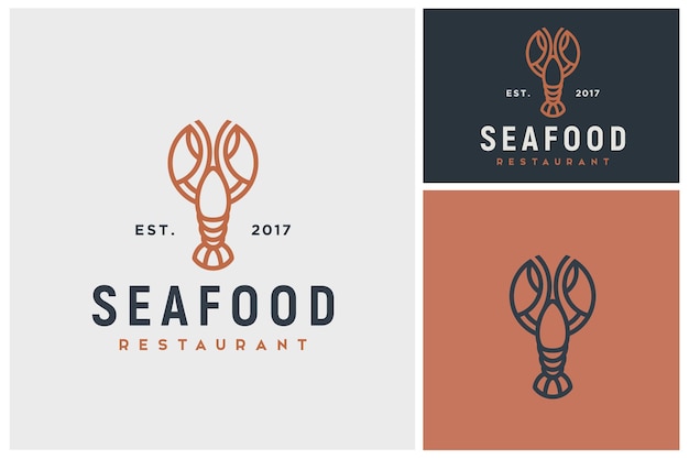 벡터 해산물 레스토랑 클래식 빈티지 럭셔리 로고를 위한 랍스터 가재 새우 새우 게의 라인 아트
