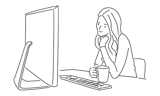 line art of office worker behind computer