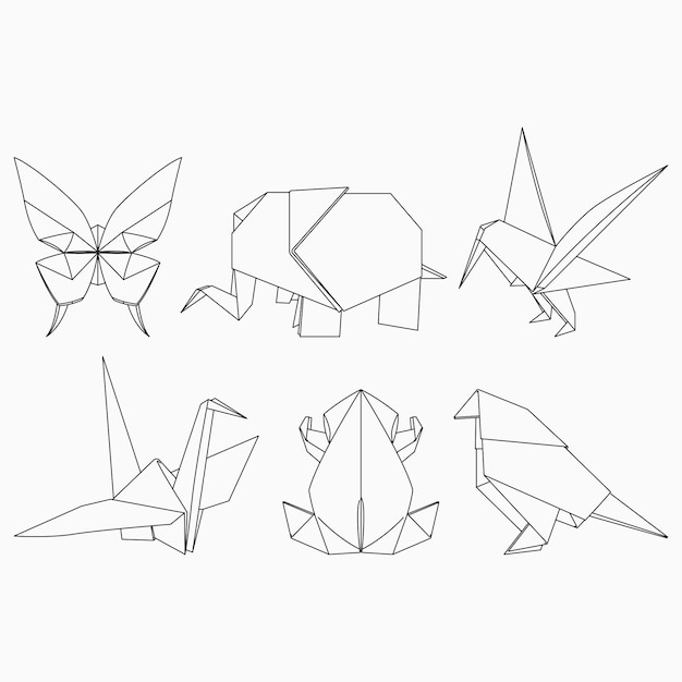 Vector line art origami vector illustration set