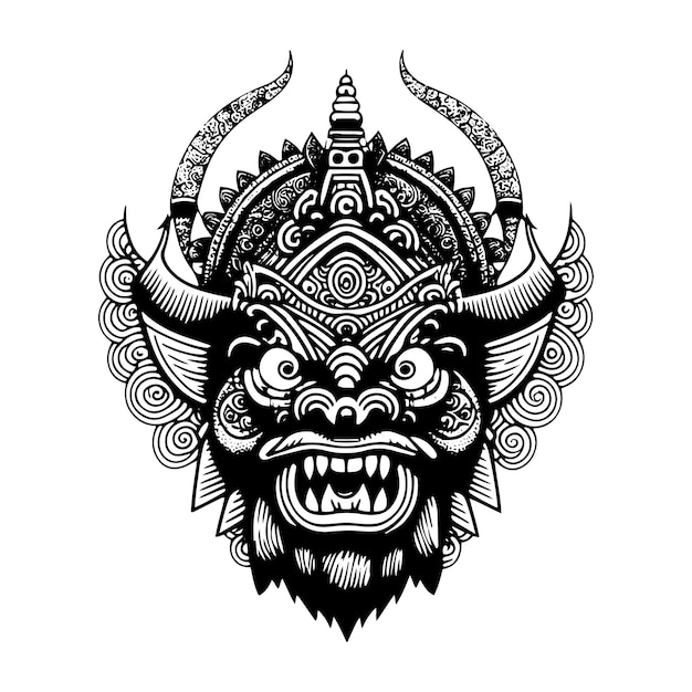 Line art di una maschera barong a motivi geometrici