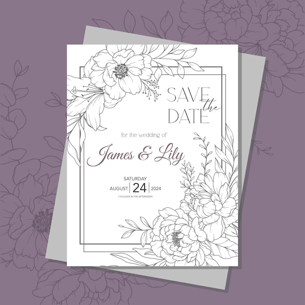Line Art Peony Flower Wedding Invitation template Outline Peony Minimalist Wedding Stationery