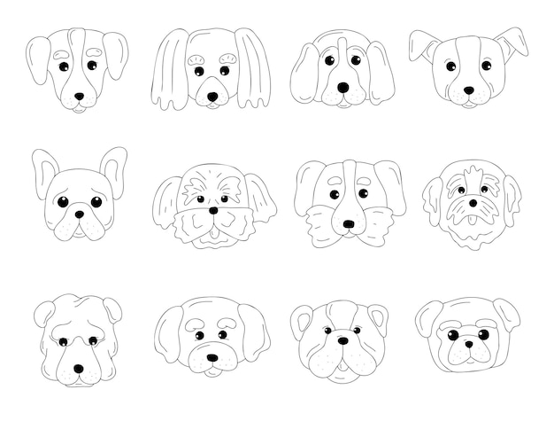 Line art of popular dog breeds faces Canine breeds muzzle in doodle style set