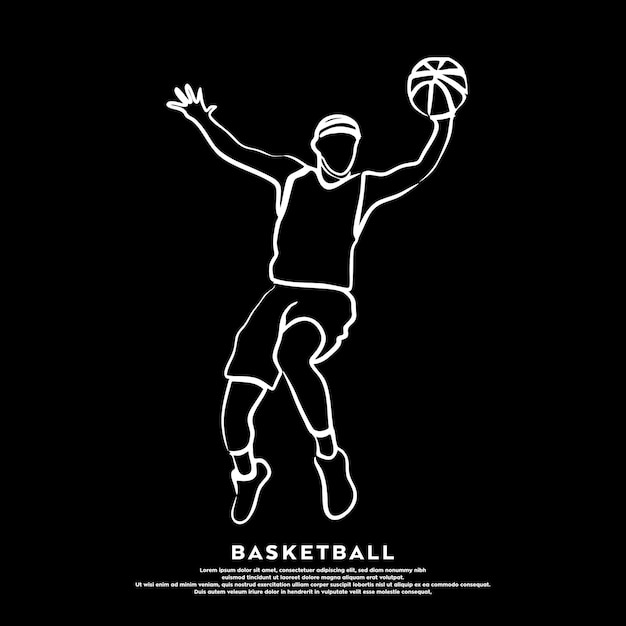 Line art of professional basketball player jumping slam dunk a ball isolated on black background