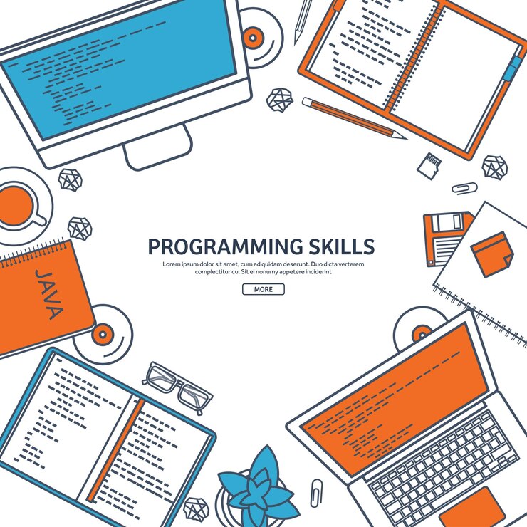 Vector line art programming coding flat computing background code hardware software web development search