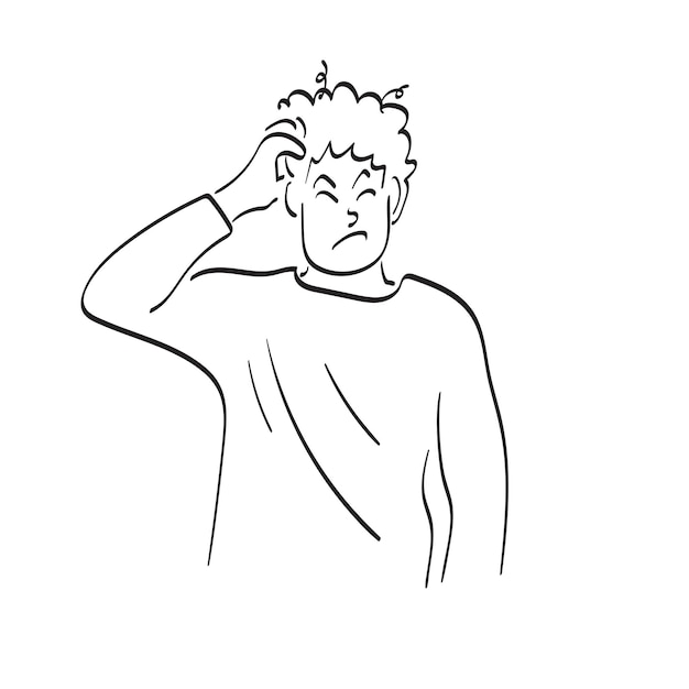 line art serious man scratching head and thinking about problem illustration vector hand drawn