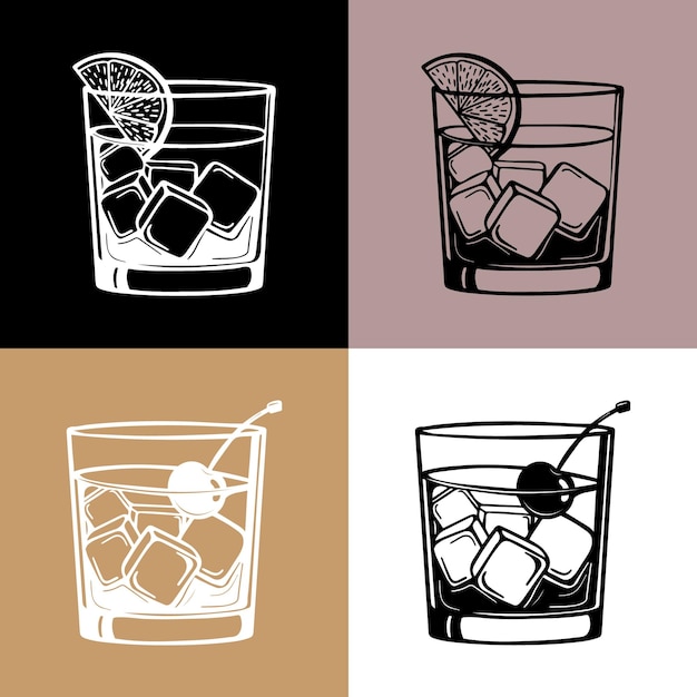 Line art set, whiskey glasses with lemon and cherry. Drinks illustration, vector