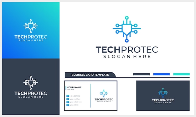 Line art shield with tech concept logo template with line art style