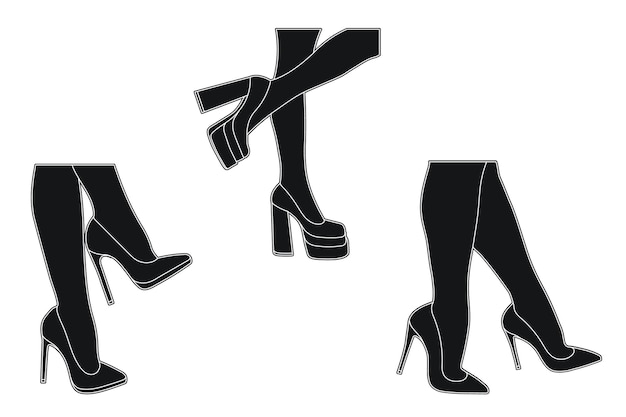 Vettore line art silhouette contorno delle gambe femminili in una posa scarpe tacchi a spillo alti camminare in piedi correre
