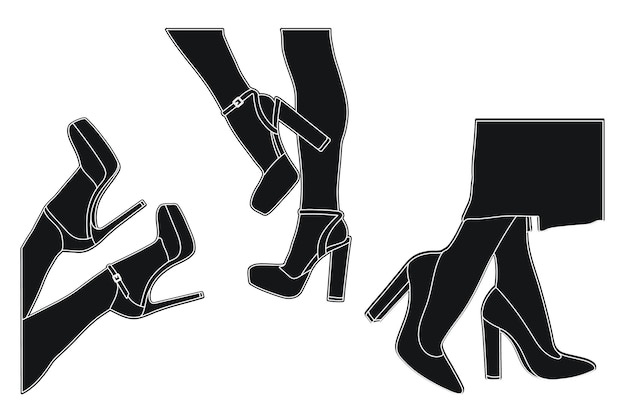 Line art silhouette outline of female legs in a pose Shoes stilettos high heels Walking standing run