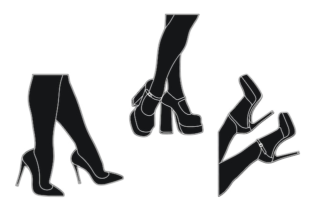 Line art silhouette contorno delle gambe femminili in una posa scarpe tacchi a spillo alti camminare in piedi