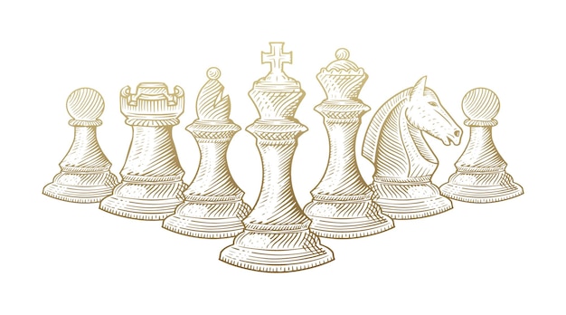 Chess Set Game Pieces Line Drawing 3D Stock Vector - Illustration
