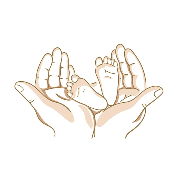 Vector line art sketch of baby feet in mother hands. happy family maternity concept