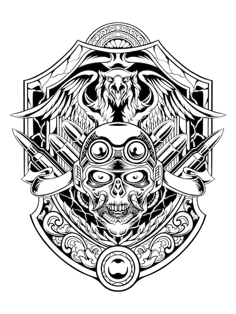 Line art of skull with eagle