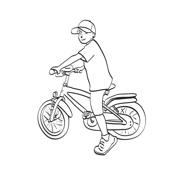Line art ragazzo sorridente con cappello che guida una bicicletta illustrazione vettoriale disegnata a mano isolata