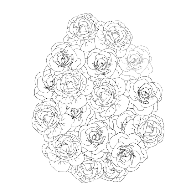 Line art spring camellia flower Easter egg hand drawn floral elements for Valentines day Vector illustrations for card or invitations coloring book