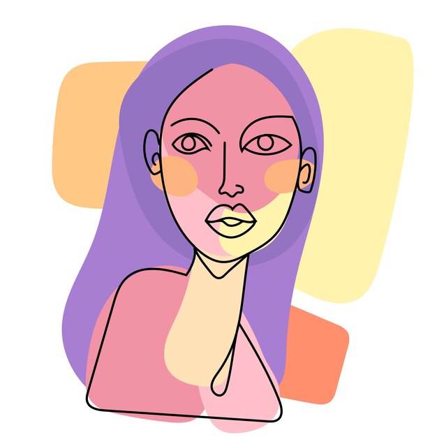 Line Art Style Abstract Portrait Cute Girl in Cubism Hand Drawn Vector