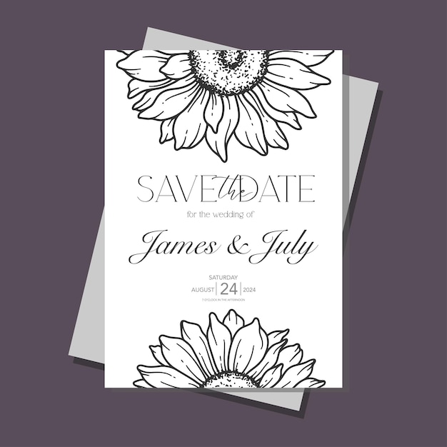 Line Art Sunflowers Wedding Invitation template Outline Sunflowers Minimalist Wedding Invite