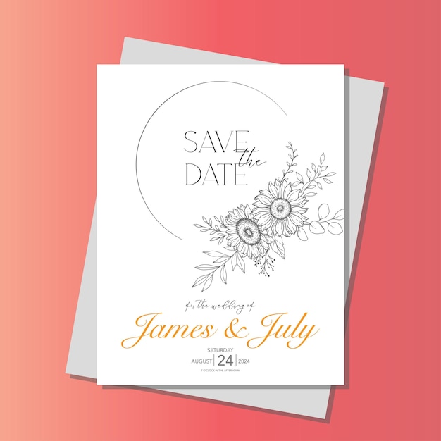 Line Art Sunflowers Wedding Invitation template Outline Sunflowers Minimalist Wedding Invite