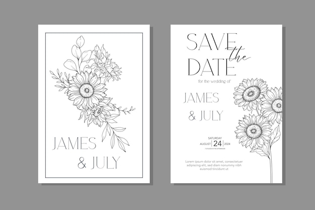 Line Art Sunflowers Wedding Invitation template Outline Sunflowers Minimalist Wedding Stationery