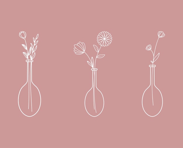 Line art three flower с иллюстрациями на розовом фоне