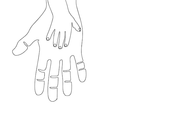 Vector line art two hands adult and child. outline one continuous line. baby hand on father's hand.