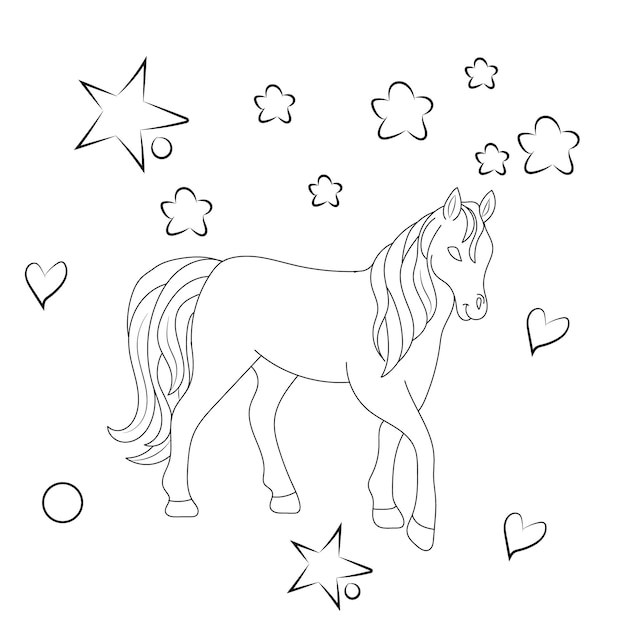 Illustrazione per bambini unicorno line art per libro da colorare per bambini