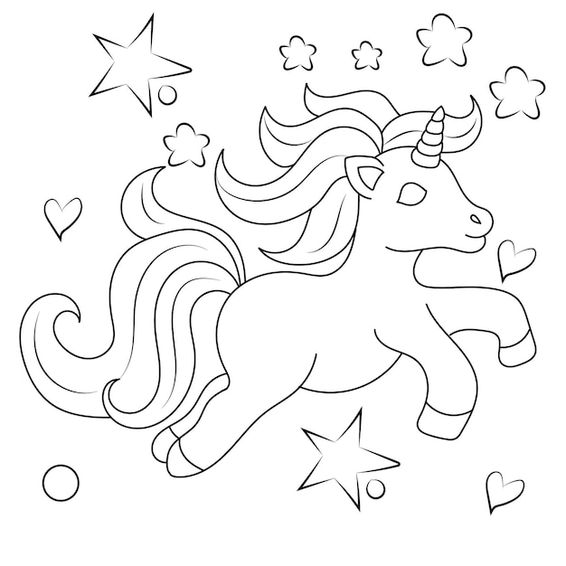 Illustrazione per bambini unicorno line art per libro da colorare per bambini