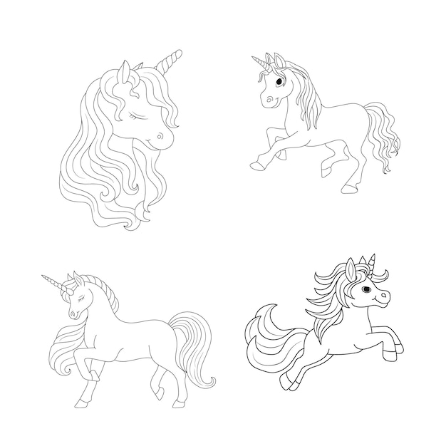 Vector line art unicorn set kids illustration for  children coloring book