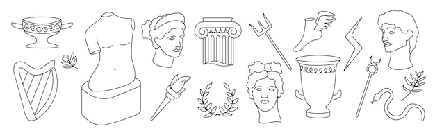 Line art scultura antica vettoriale grecia impostata.