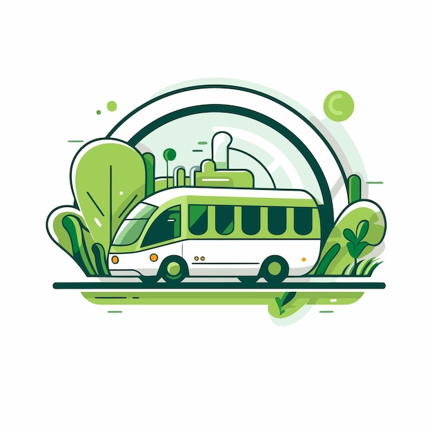 樹木と茂みのある円状のバスのラインアートベクトルイラスト