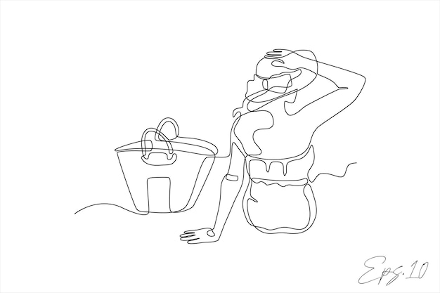 Line art illustrazione vettoriale di una ragazza che si rilassa sulla spiaggia