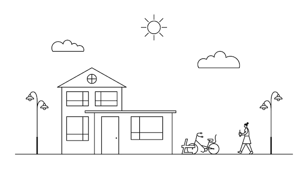 Line art vector neighborhood illustration with house, wheel and woman.