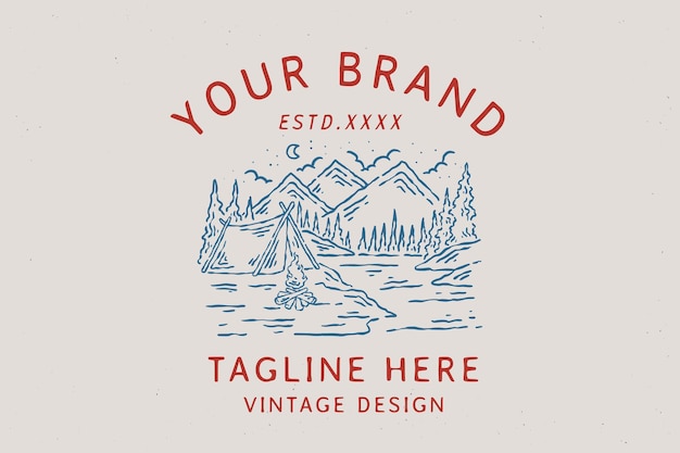  line art of vintage badge camping in the wild