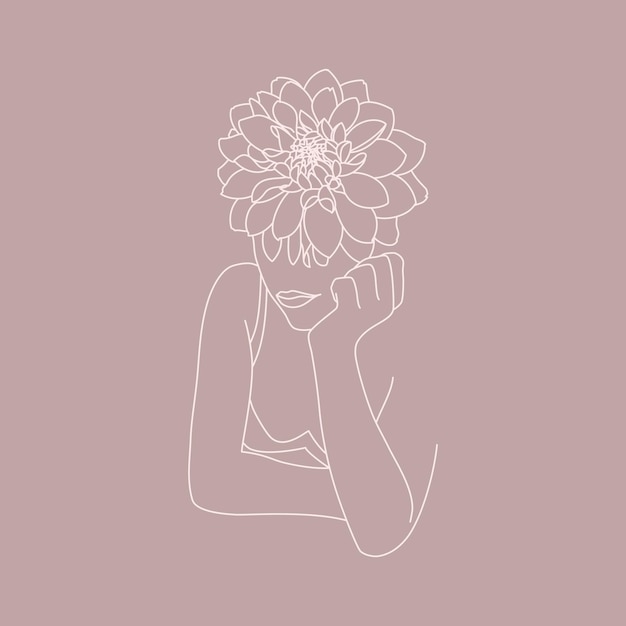 Line Art Vrouw gezicht met bloemen. Abstracte minimale vrouwelijke figuur in een trendy lineaire stijl. Vector mode-illustratie voor posters, tatoeages, logo's, t-shirts prints