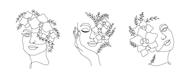 Line art vrouwen gezichten met bloemen doorlopende lijntekeningen in minimalistische stijl