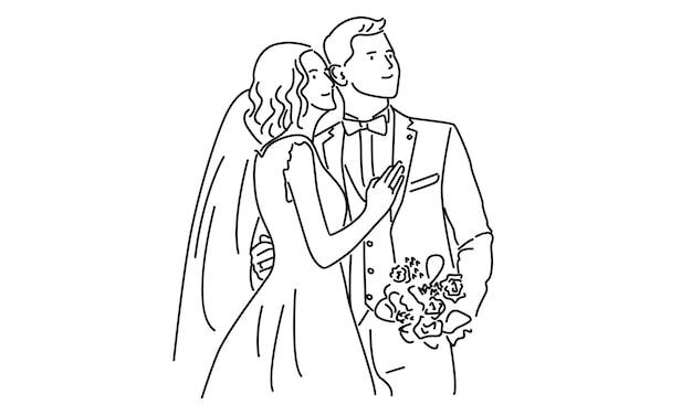 line art of wedding couple vector illustration