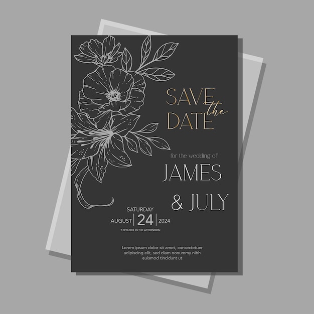 Line Art Wildflowers Wedding Invitation template Outline Wildflowers Minimalist Wedding Stationery