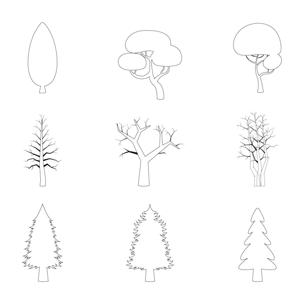 Vector line art winter or christmas trees set various christmas trees