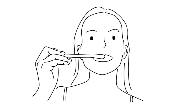 彼女の歯を磨く女性のベクトル図の線画