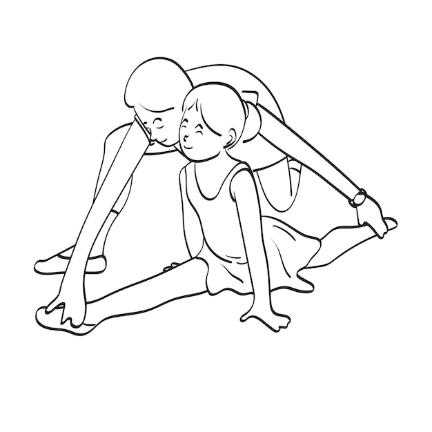 line art woman coach dance trainer teacher helping girl teenager to stretch her legs illustration