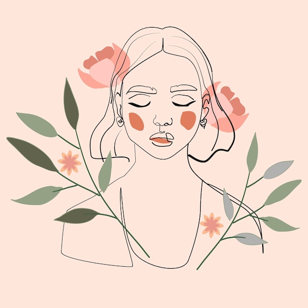 Вектор line art woman face with flowers непрерывный рисунок одной линии. женское лицо с современной печатью