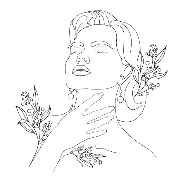 ベクトル ライン アートの女性の肖像画のポスター、最小限の図面の女性の花のプリント